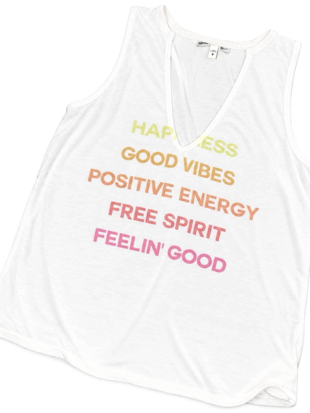 Express White Graphic V-Neck Tank with Multicolor Positive Text
